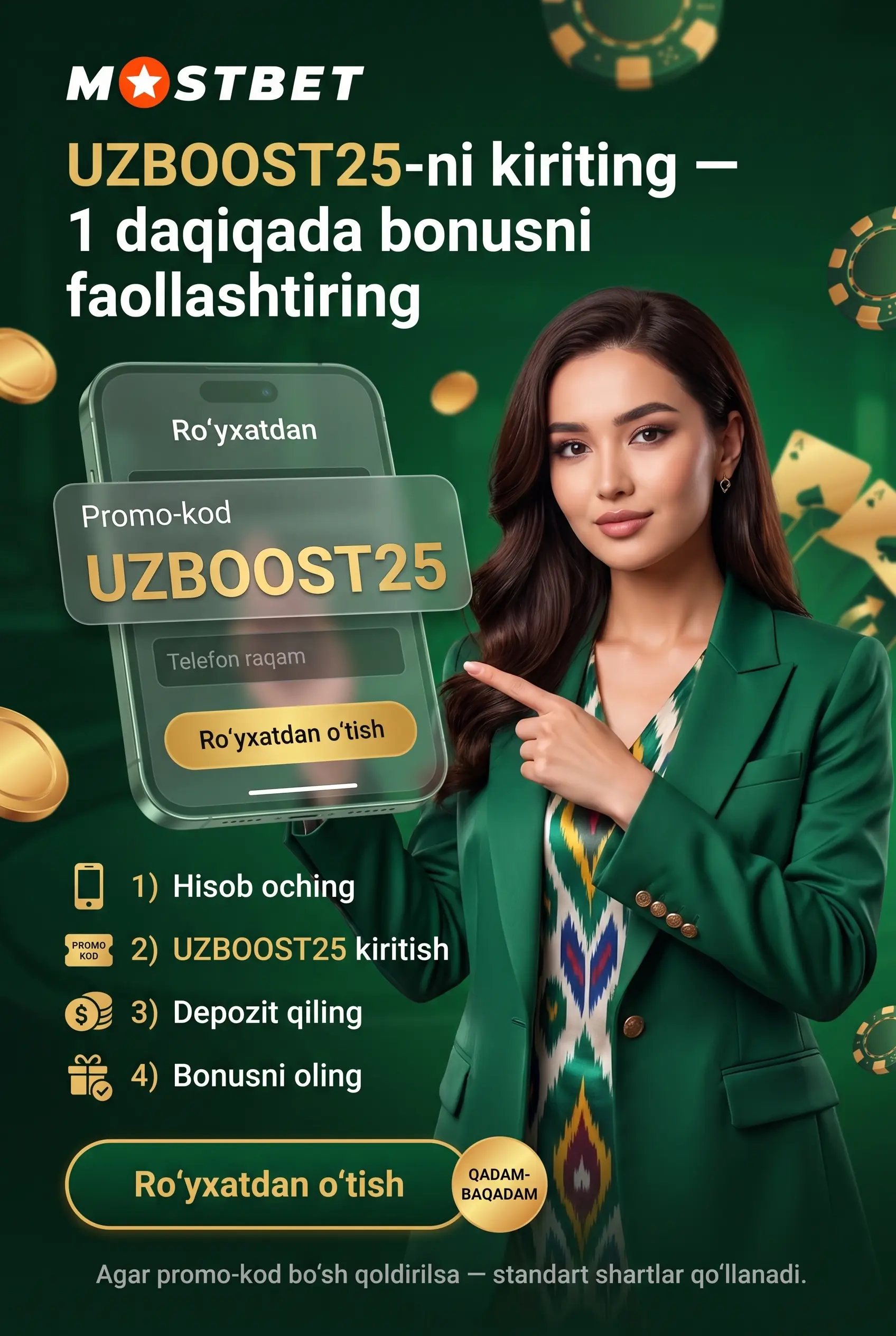 UZBOOST25 promo kodini kiritish bosqichlari